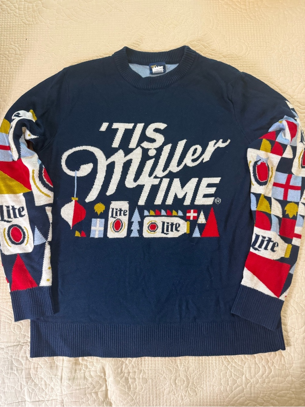 Miller Lite Tis Miller Time Ugly Christmas Sweater Navy Blue
Y2K Beer Knit Retro
